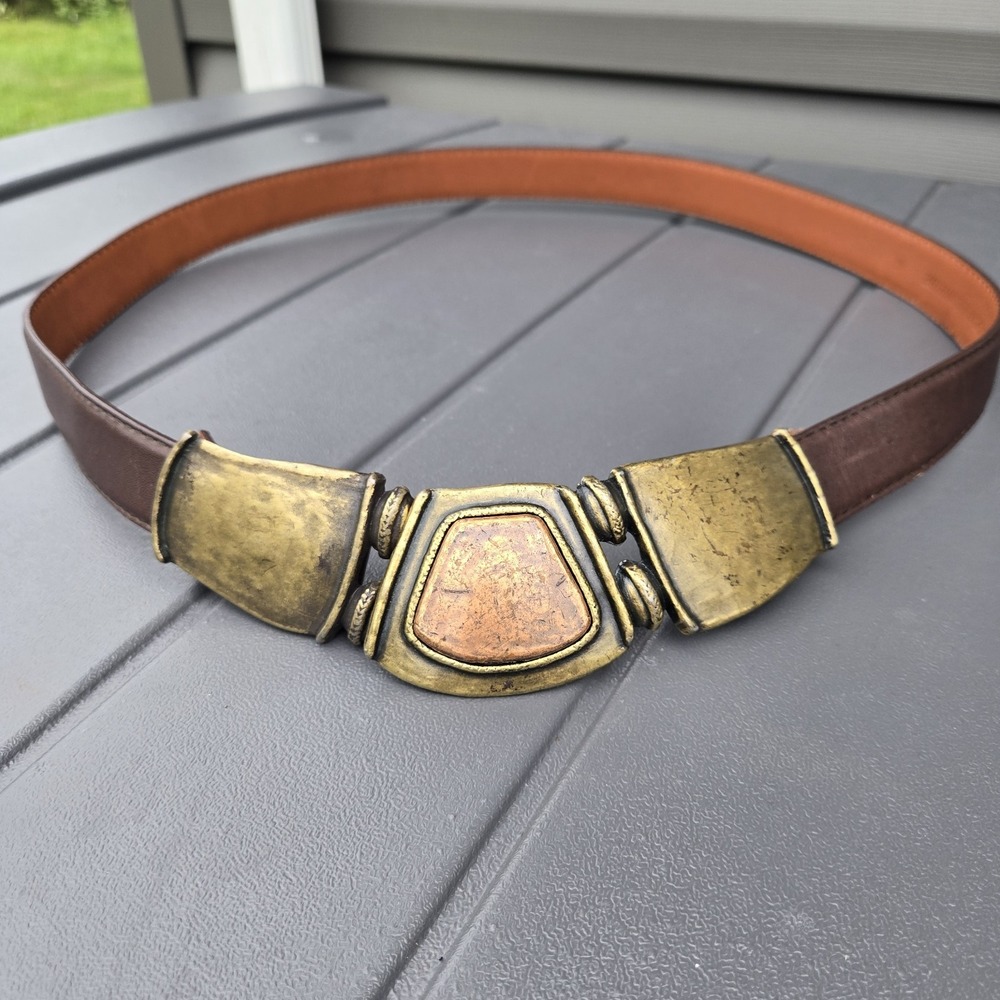 Vintage 80s 'Leather Shop' Brass Copper Tone Buckle Statement